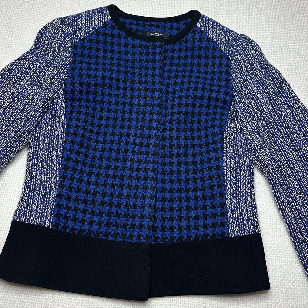 Ann Taylor Women's 2P Petite Blazer Blue Black Houndstooth Cotton Wool LS - Picture 5 of 13